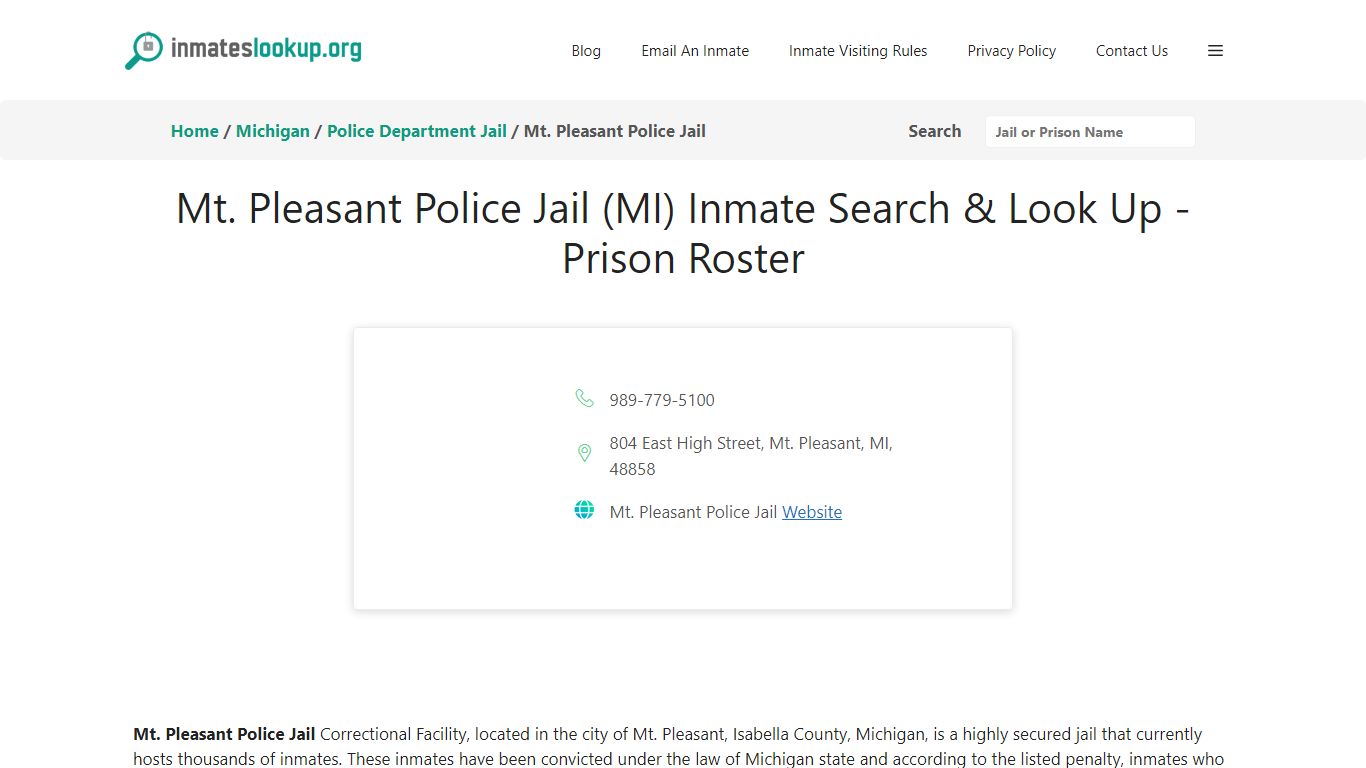 Mt. Pleasant Police Jail (MI) Inmate Search & Look Up - Prison Roster